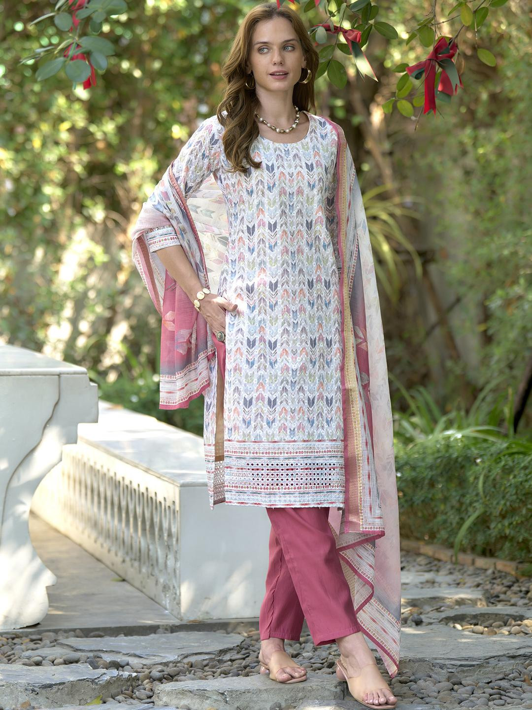 White Floral Printed Cotton Kurta Set with Embroidered Neck & Linen Dupatta