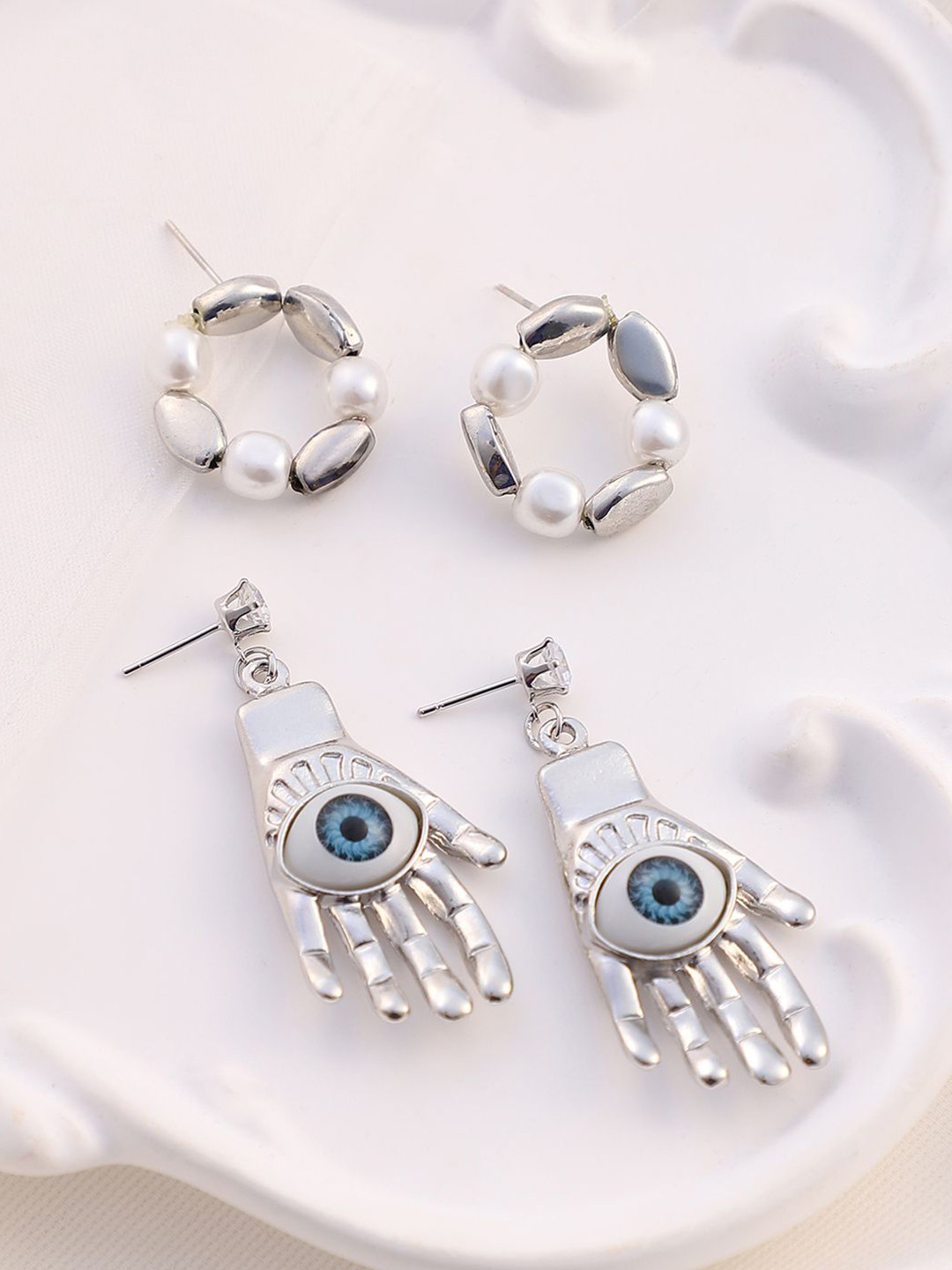 SOHI Set Of 2 Silver-Plated Beaded Evil-Eye-Loop Studs & Drop Earrings