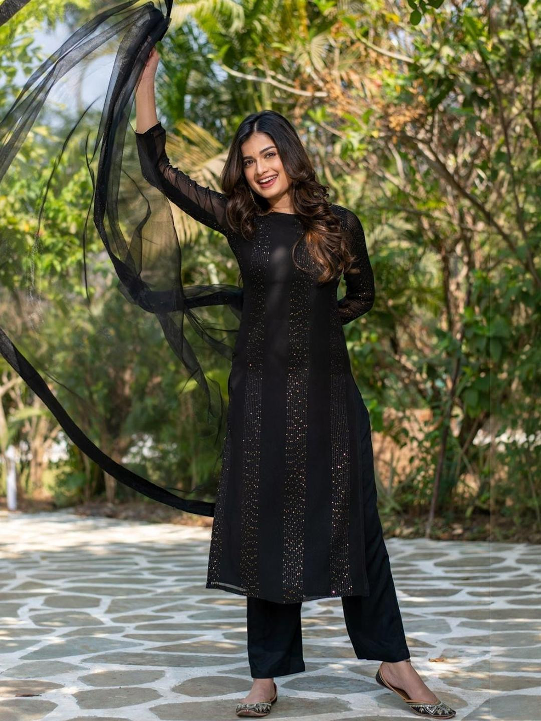 KALINI Women Embroidered Regular Sequinned Kurta with Trousers & Dupatta