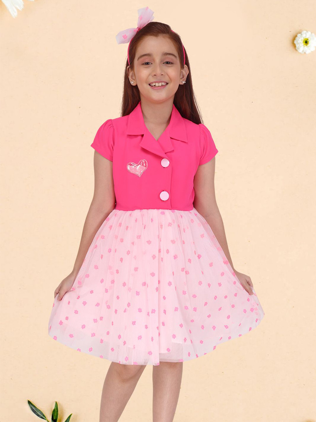 CUTECUMBER Girsl Applique Shirt Collar Net Fit & Flare Dress