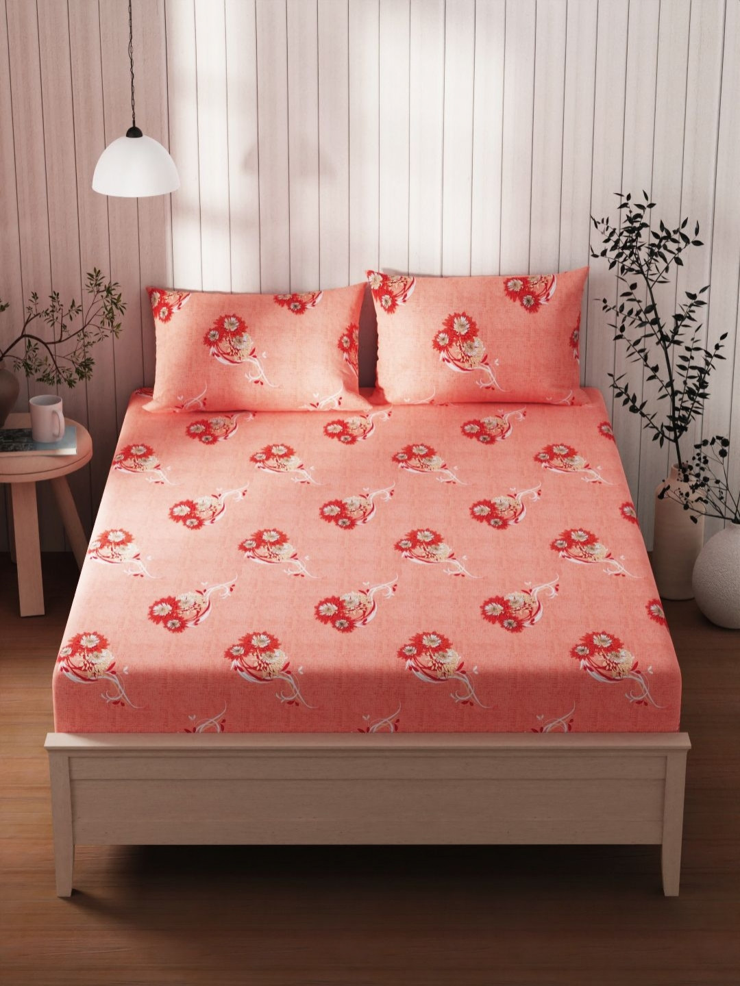 KOPA Rust Floral Printed 120 TC Cotton Queen Bedsheet Set 2.24 m x 2.44 m
