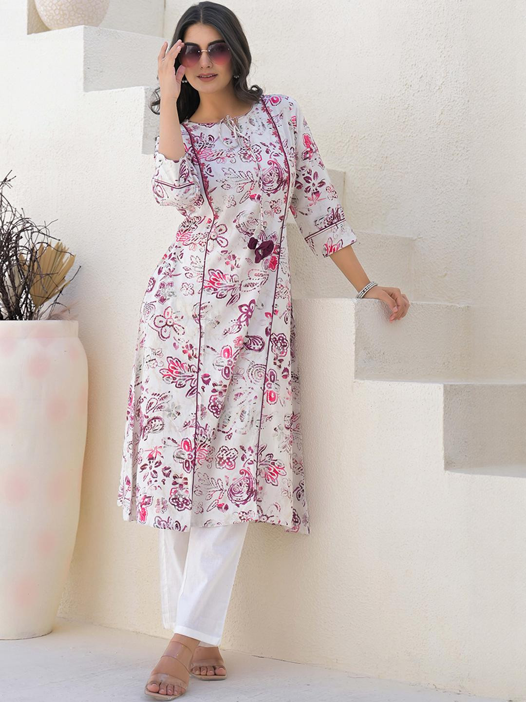 Off White Floral Printed Rayon A-Line Kurti for Women