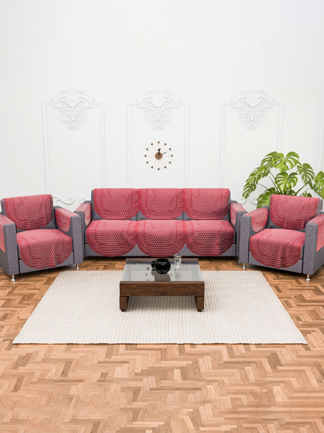Aura Maroon & White Set of 16 Stylish & Durable Cotton 5 Seater Sofa Covers with Arms