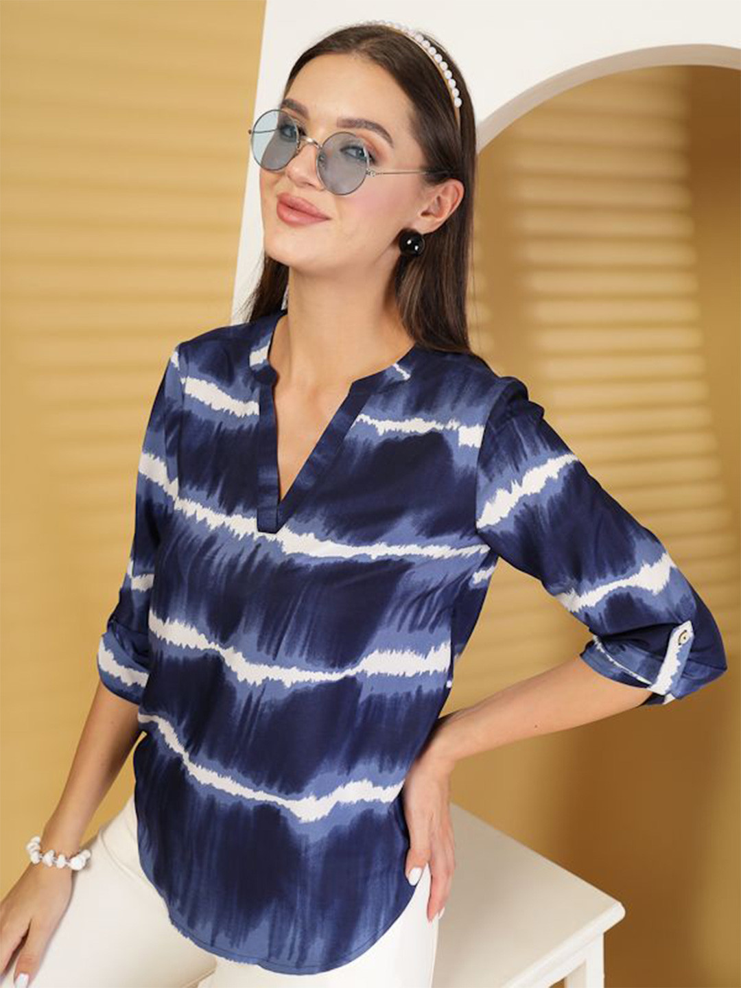 EVERYDAY by ANI Women Tie and Dye Print Mandarin Collar Roll-Up Sleeves A-Line Top