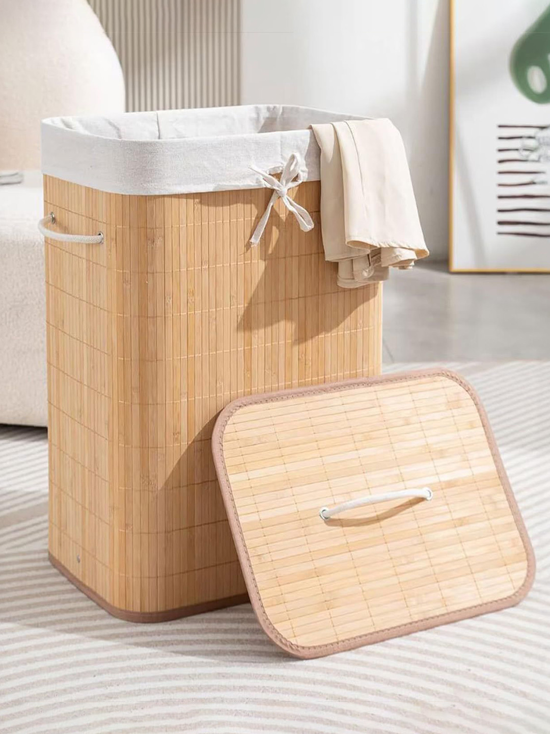 prettykrafts Beige Foldable Bamboo Laundry Basket 81 L