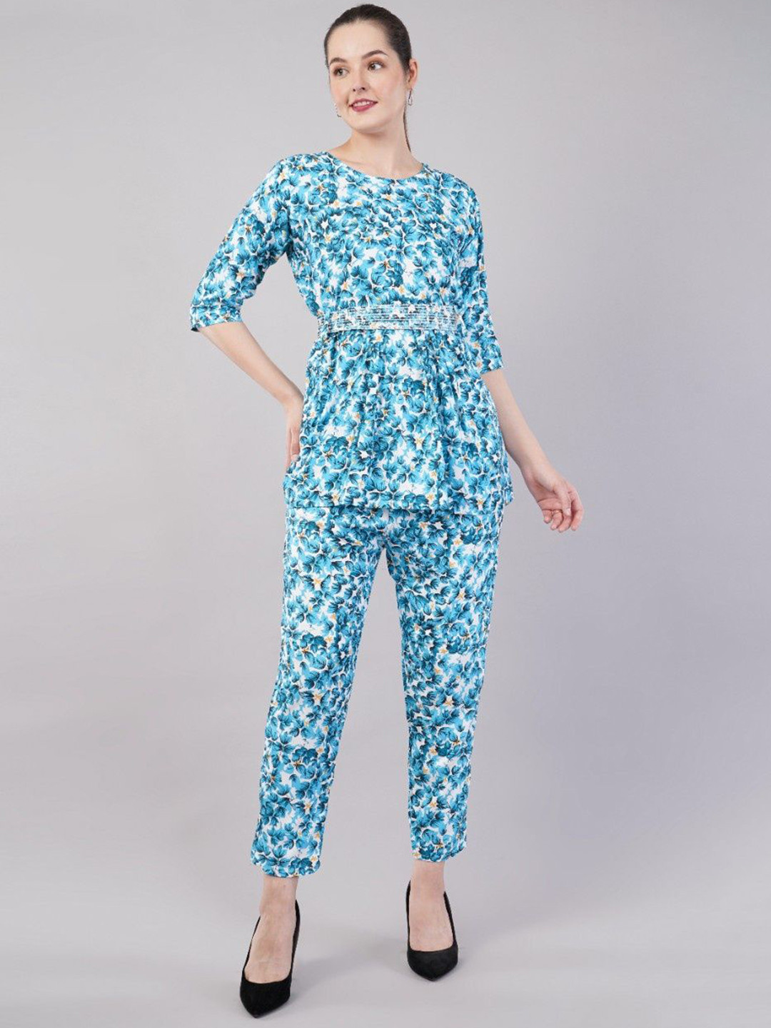 JIDI FASHION Blue Floral Printed Tunic With Trousers Co-Ords