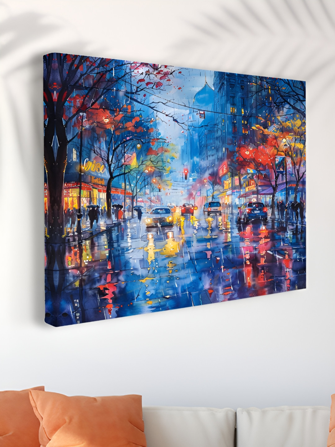 Myntra Elegant Homes Blue & Red Rainy Night Cityscape Canvas Wall Art