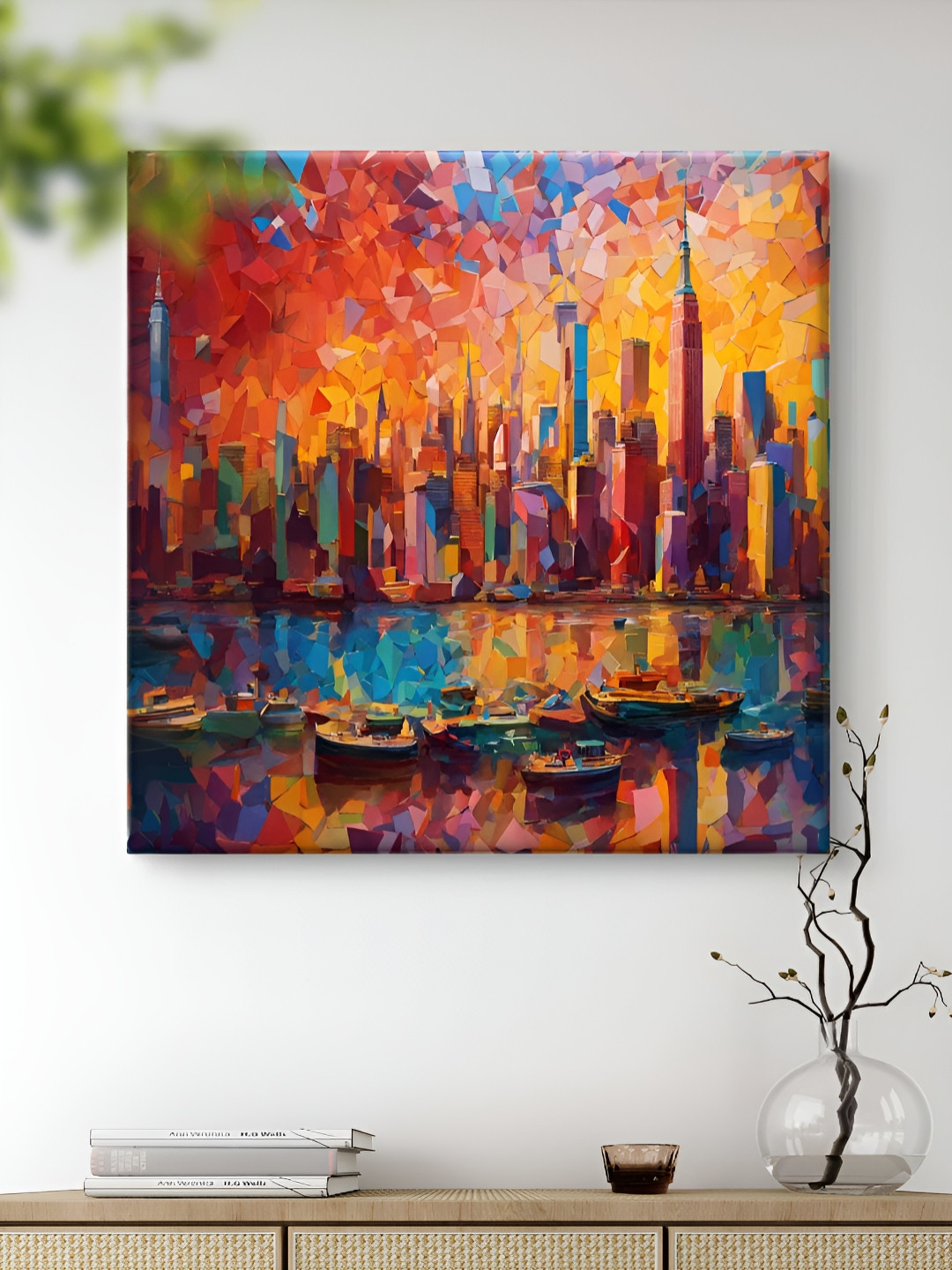 SAF Red & Blue Colorful Mosaic Cityscape Canvas Painting Wall Art