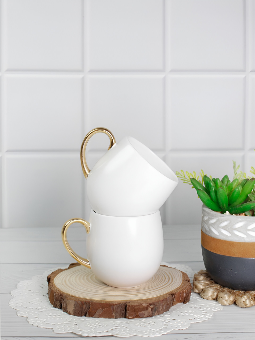 Vola Global LLP Delights Minimal White Porcelain Microwave Safe 2 Piece Mugs-180ml