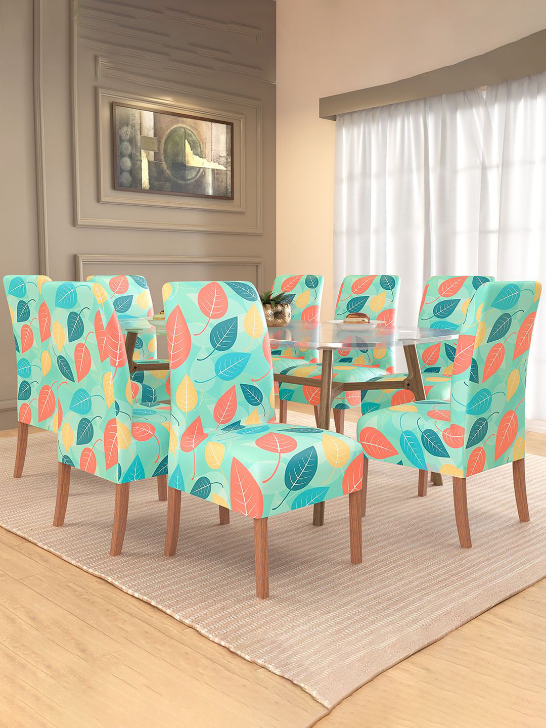 Kuber Industries 8-Pcs Blue & Green Printed Stretchable Dining  Table Chair Covers