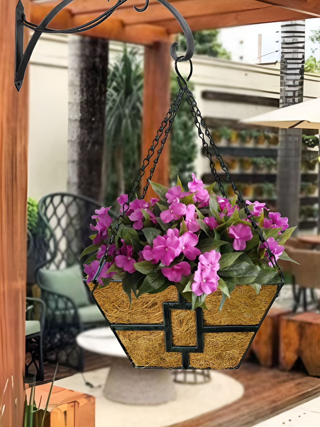 Garden King Brown & Black Textured Metal & Coir Hanging Planter