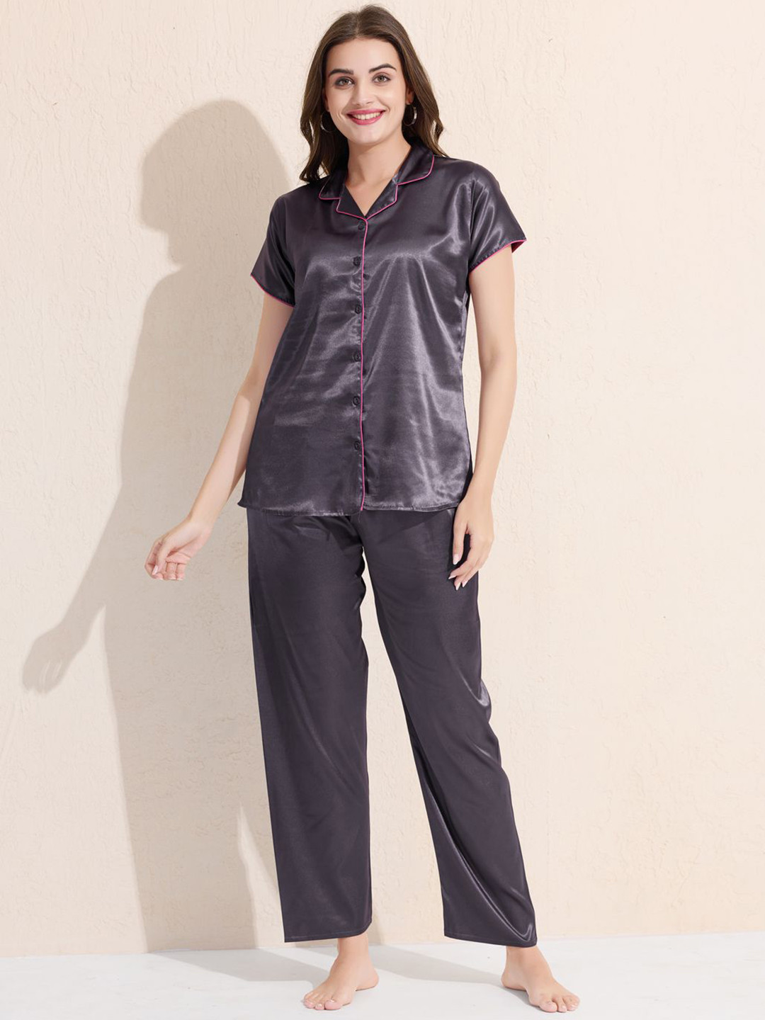 Arela Women Shirt Collar Satin Shirt & Pyjamas Night suit