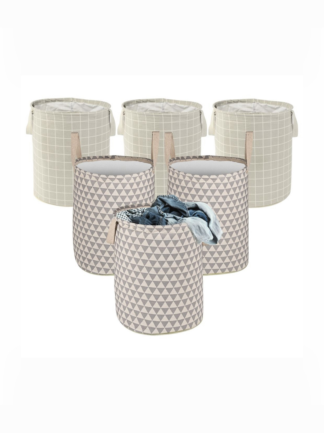 Aura 6Pcs Grey Printed Cotton Foldable & Portable Laundry Bag With Handles - 60 L