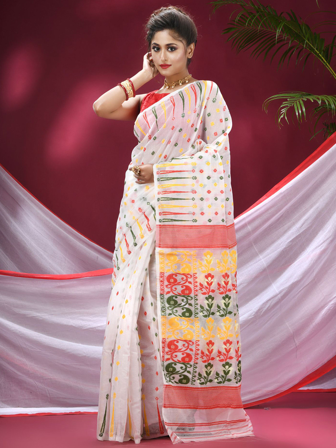TANTLOOM Floral Woven Design Pure Cotton Handloom Resham Dhakai Jamdani Saree