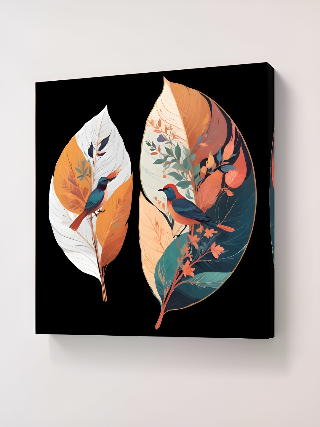 SAF Black & Green Bird On Leaves Printed Canvas Wall Art