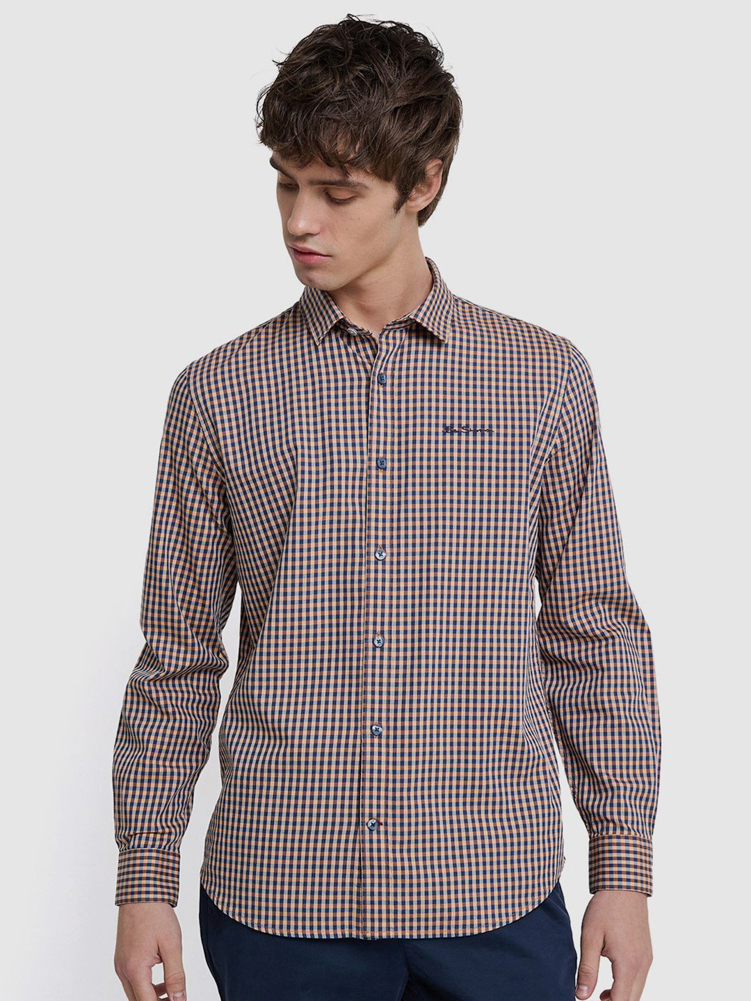 BEN SHERMAN Checked Spread Collar Long Sleeves Classic Shirt