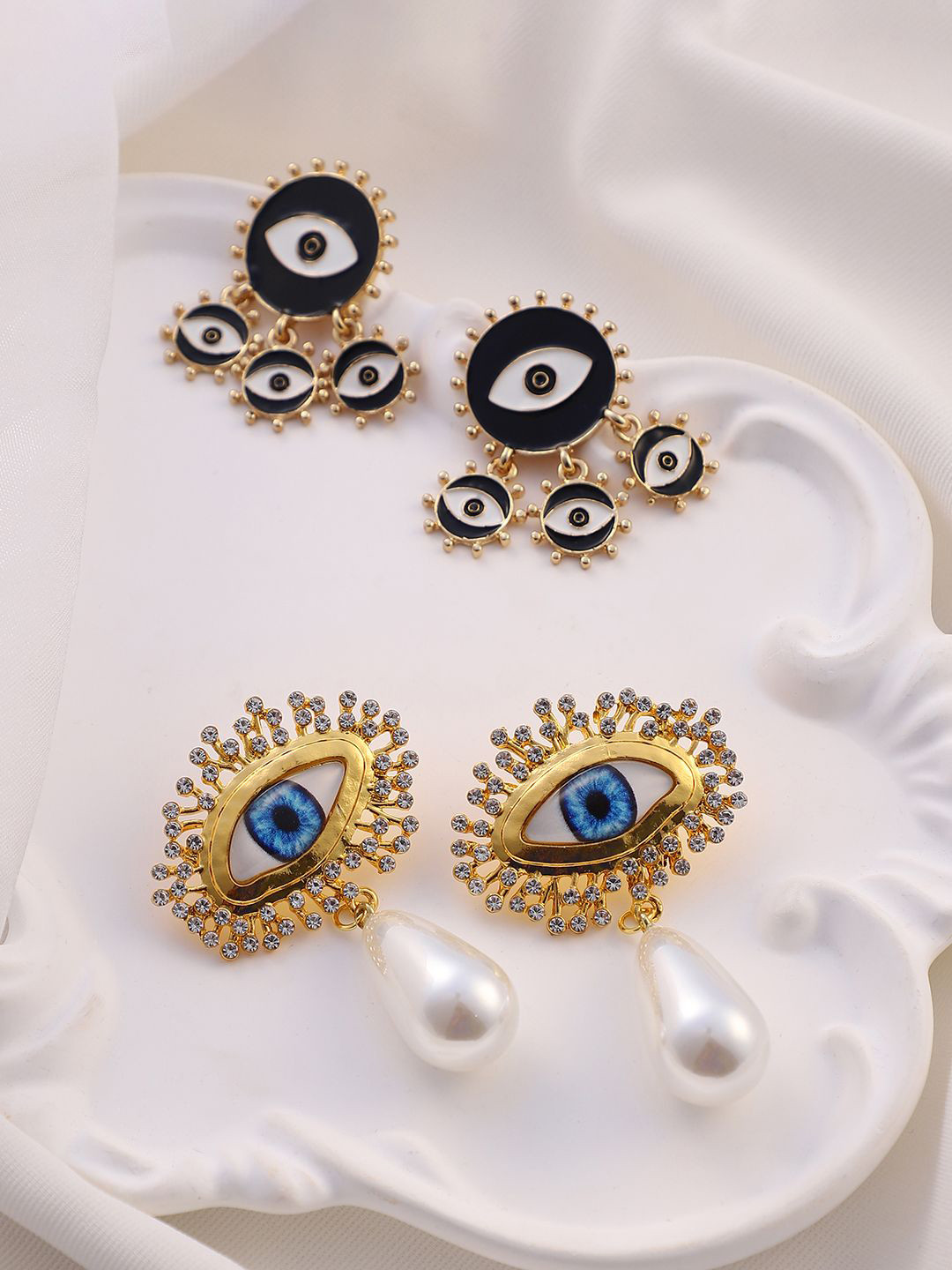 SOHI Set Of 2 Gold-Plated Pearls Studded Evil Eye Contemporary Drop Earrings