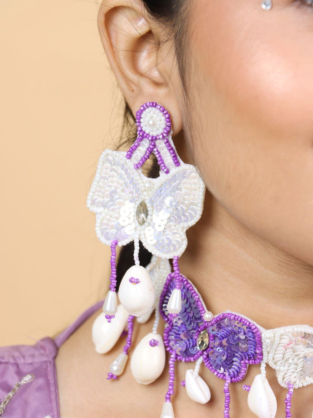Gold-Plated Purple Butterfly Beaded Boho Handmade Tasseled Beaded Earrings Set