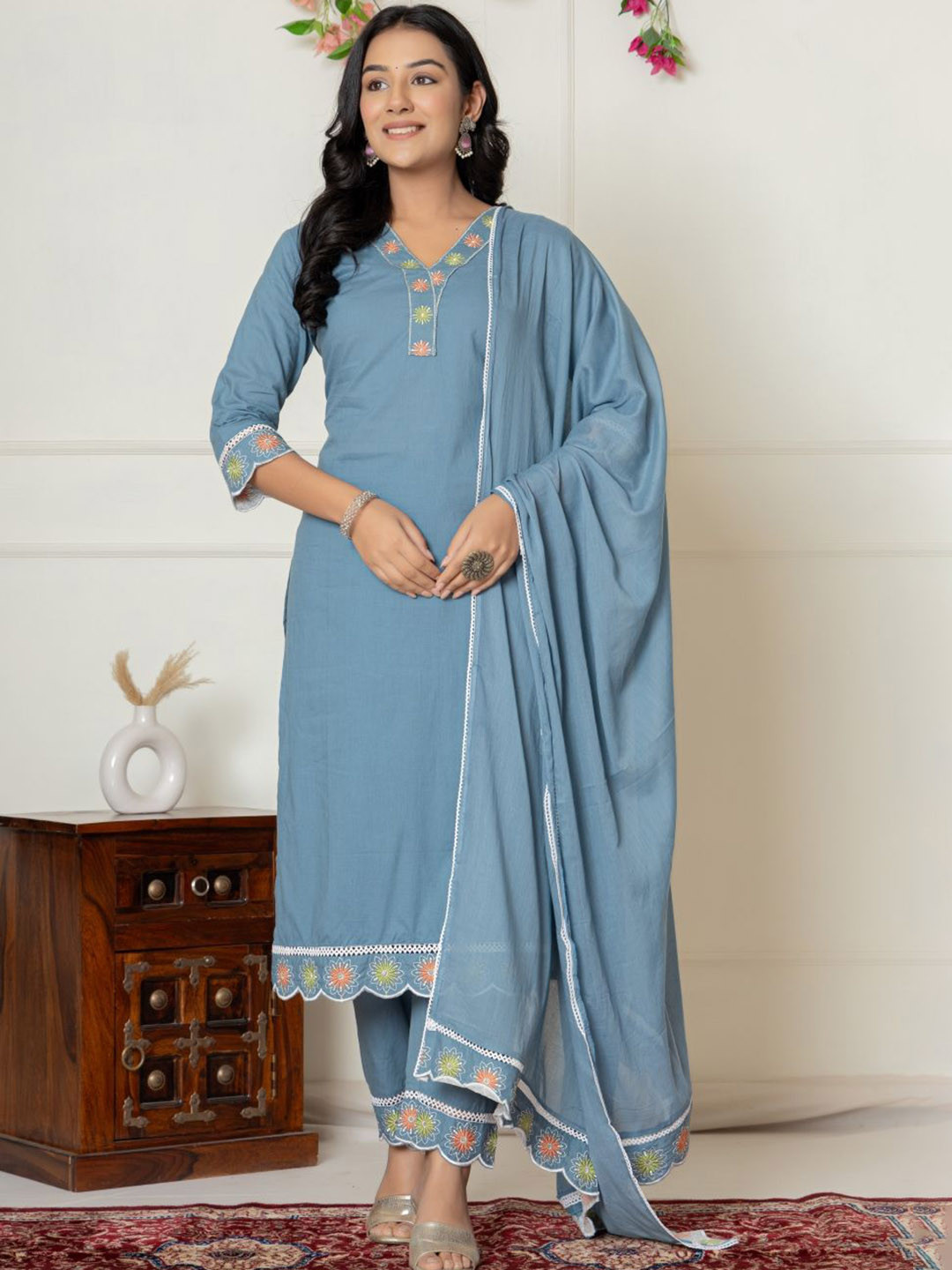 PINK FACTORY Women Embroidered Regular Pure Cotton Kurta with Trousers & Dupatta