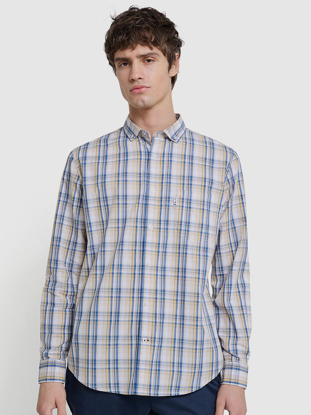 BEN SHERMAN Men Classic Fit Tartan Checked Button-Down Collar Cotton Casual Shirt