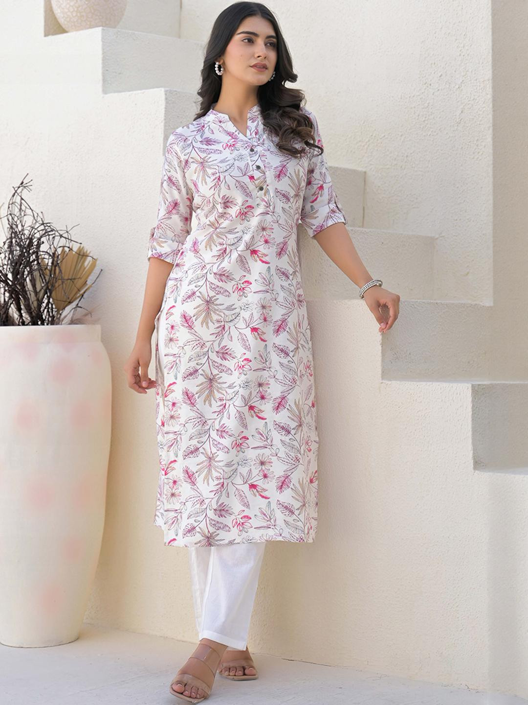Peachmode Off White Floral Print Pure Cotton Straight Kurti for Women