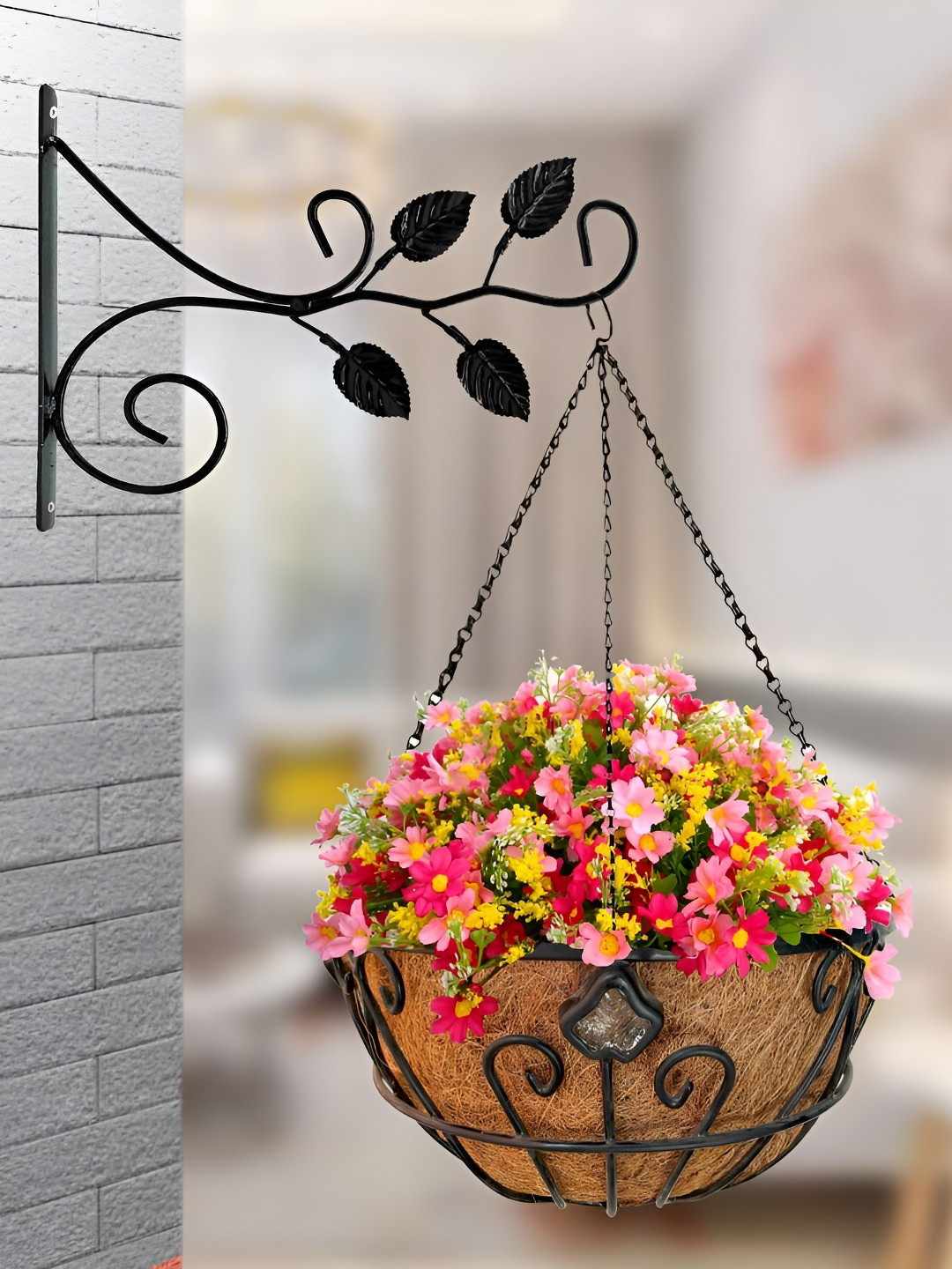 Garden King 4Pcs Brown & Black Textured Metal & Kohinoor Coir Hanging Planters