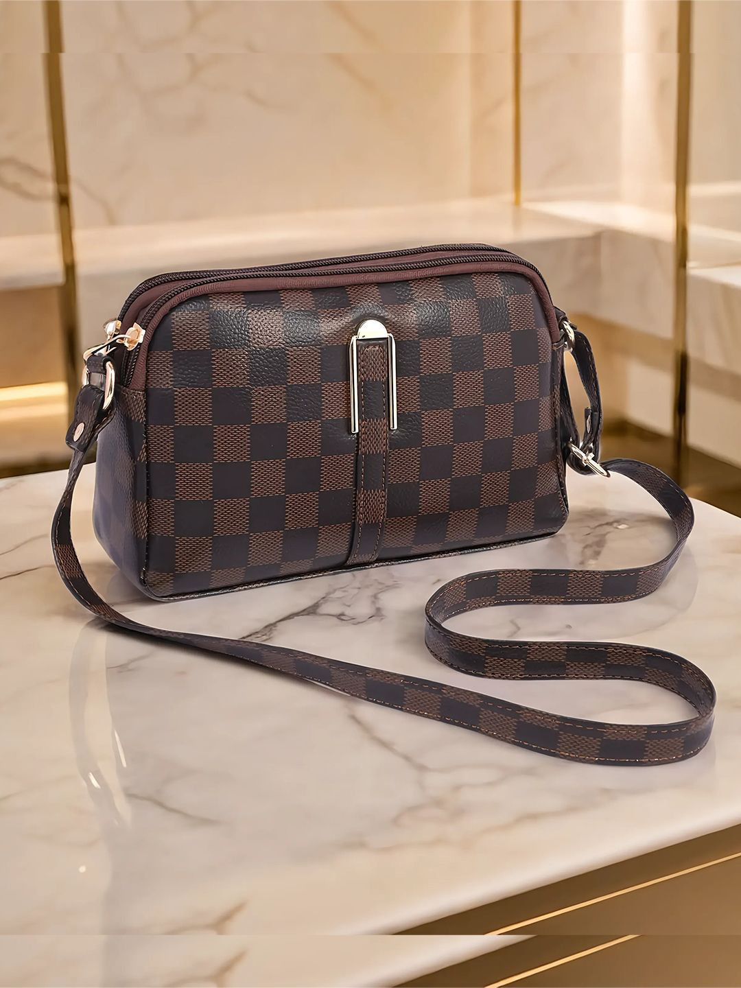 ADISA Checked Embellished PU Structured Sling Bag