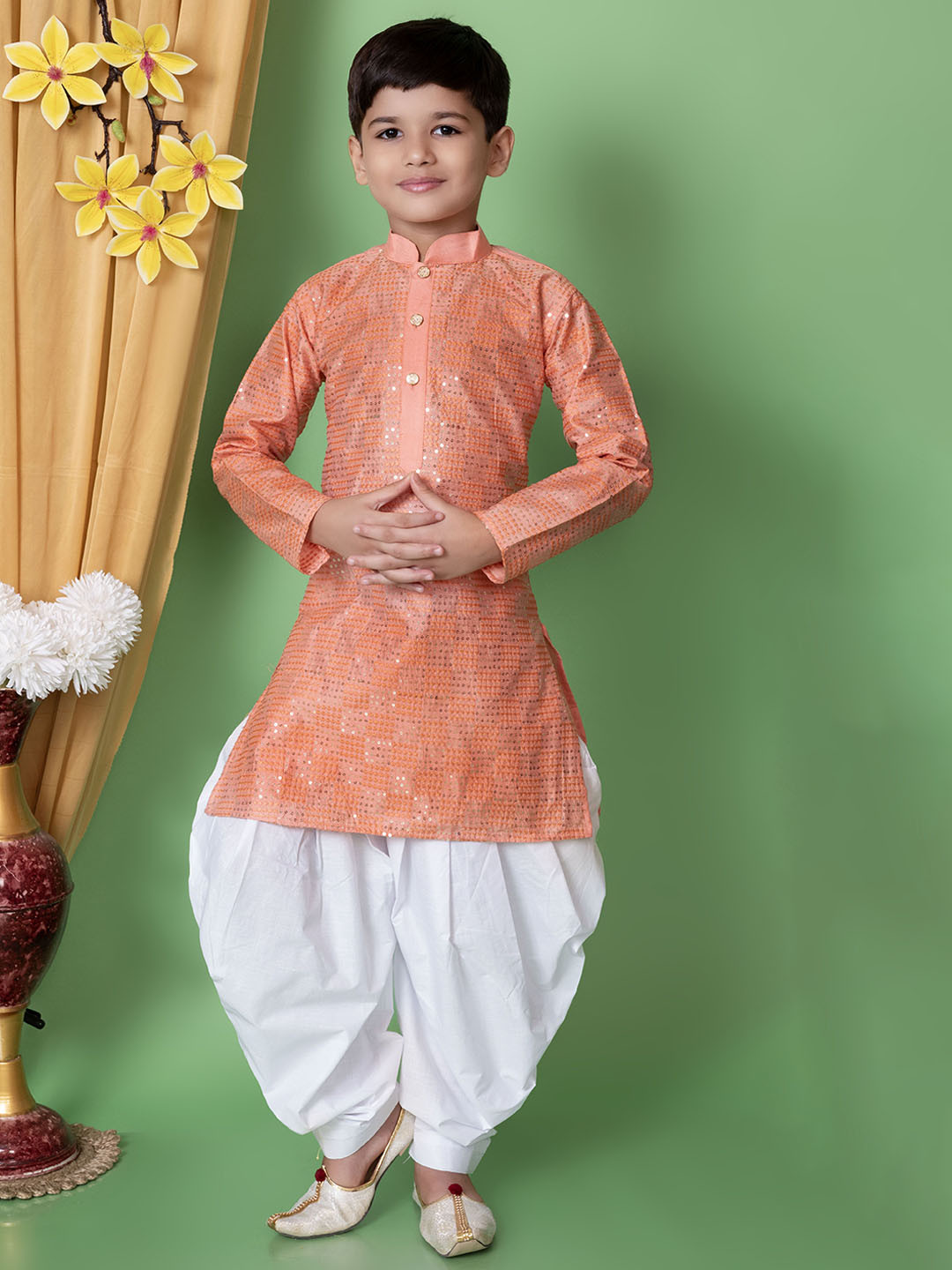 AHLAN APPARELS Boys Embroidered Regular Dupion Silk Kurta with Dhoti Pants Kurta Sets