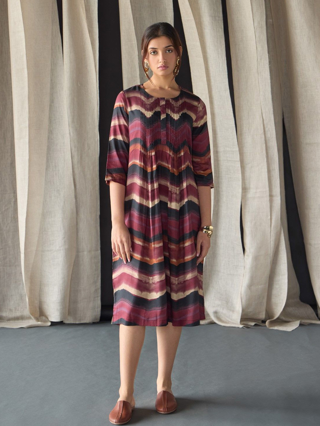 Bombay Bloom Abstract Printed A-Line Midi Dress