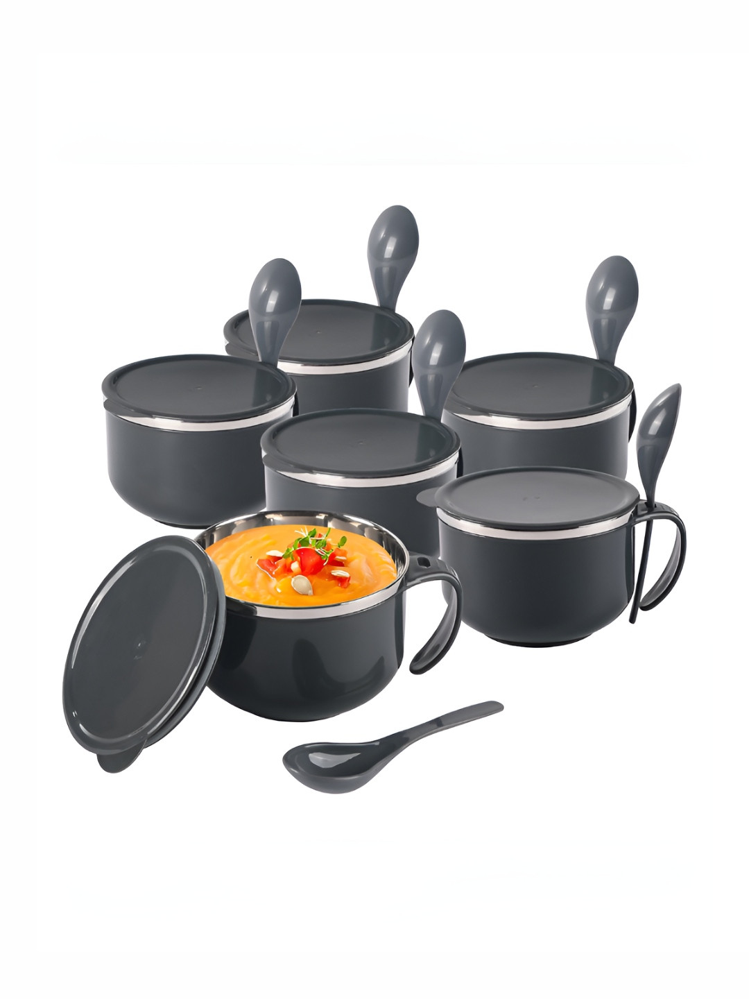 Aura Grey 6 Pieces Stainless Steel Serving Bowl With Spoon & Holder