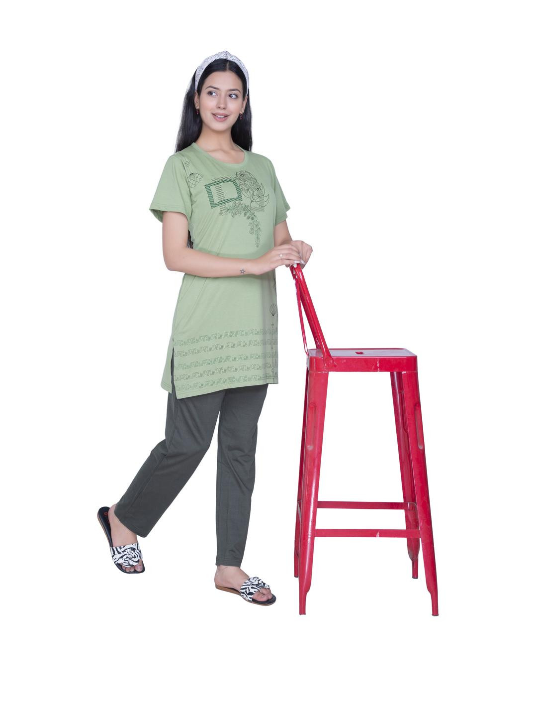 AWIBE Women's Cotton Long Top Printed Night Suit