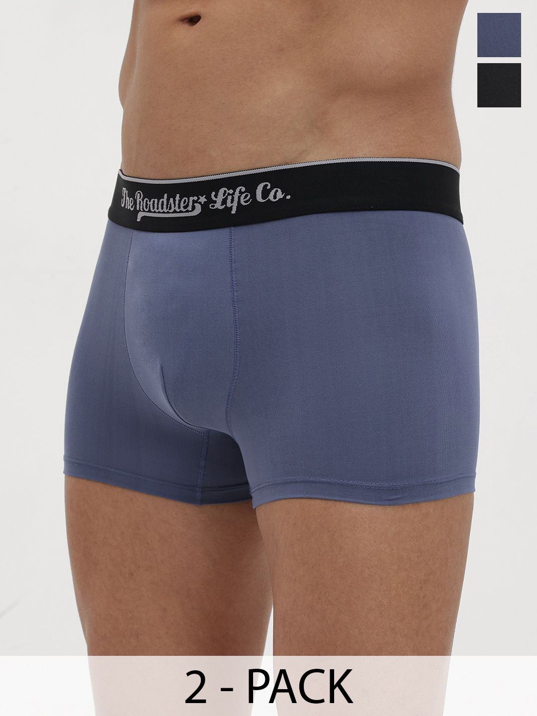 The Roadster Lifestyle Co Pack Of 2 Mid Rise Short Trunks RTO-PV-SOLID-Black-Lightblue-M