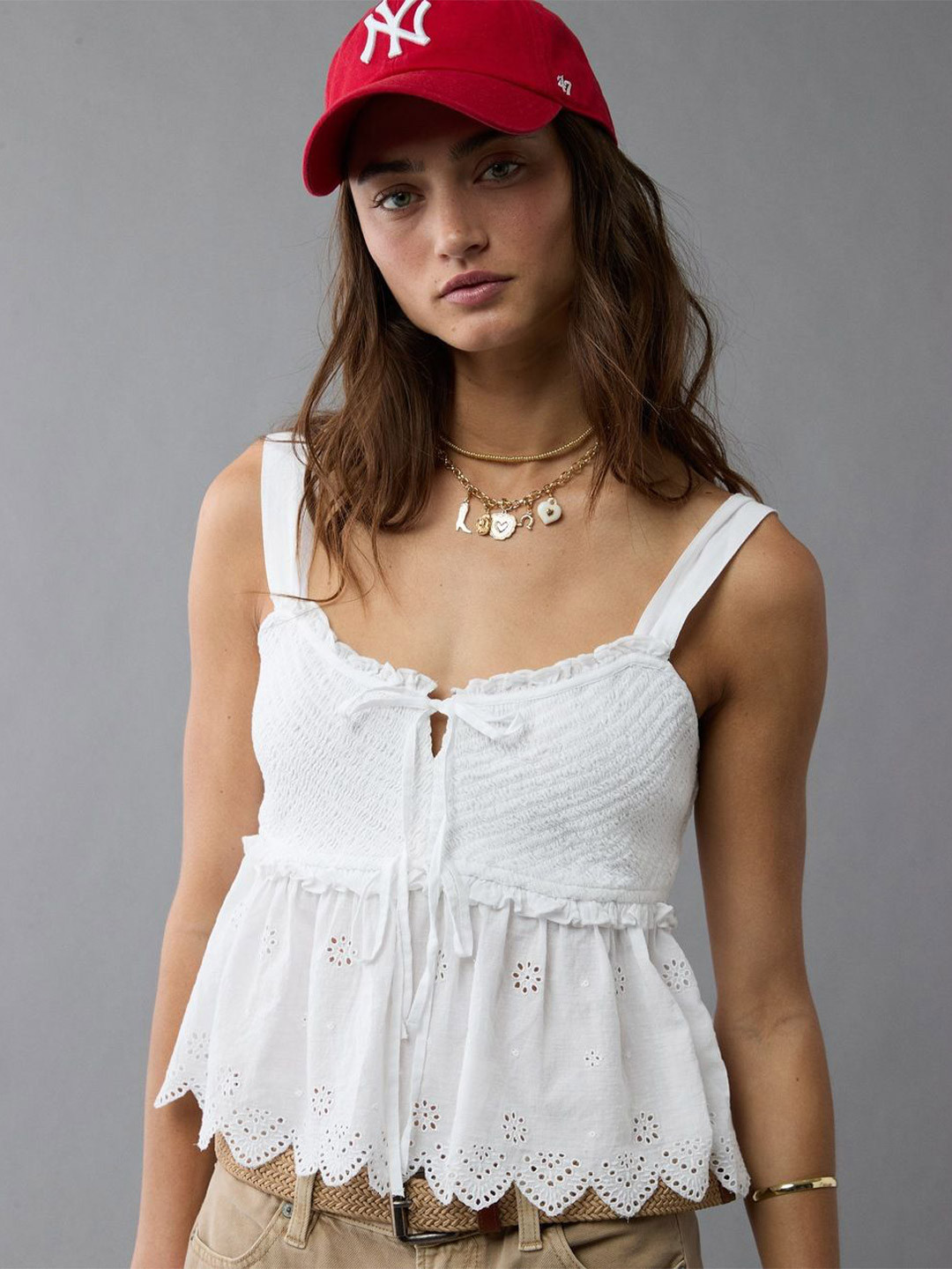 AMERICAN EAGLE OUTFITTERS Embroidered Cotton Shoulder Straps Peplum Top