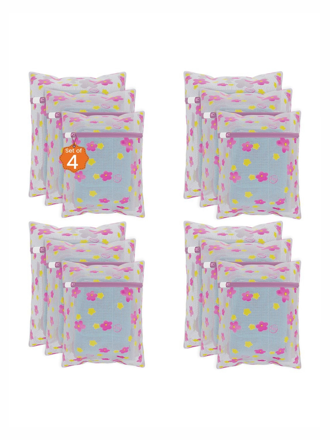 Aura 12Pcs White & Pink Sunflower-Printed Reusable Mesh Laundry Bags With Zipper