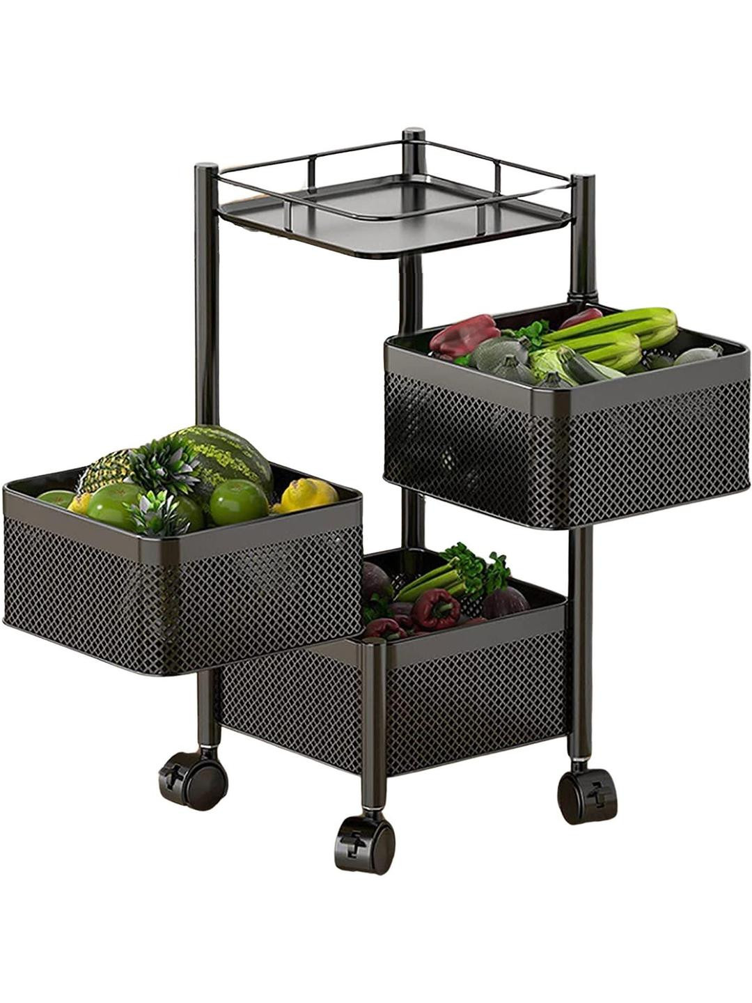 3 Layer Rotating Metal Storage Basket with Wheels