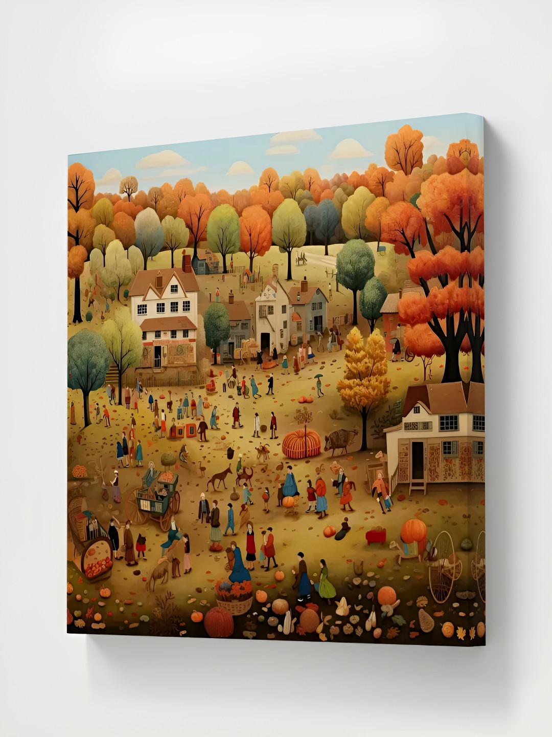 SAF Green & Orange Colored Autumn Harvest Village Printed Canvas Wall Art
