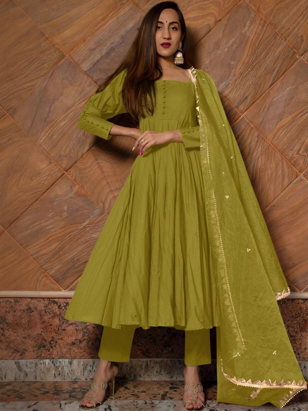 Square Neck Cotton Fabric 3/4 Sleeve Long Women Kurta Set