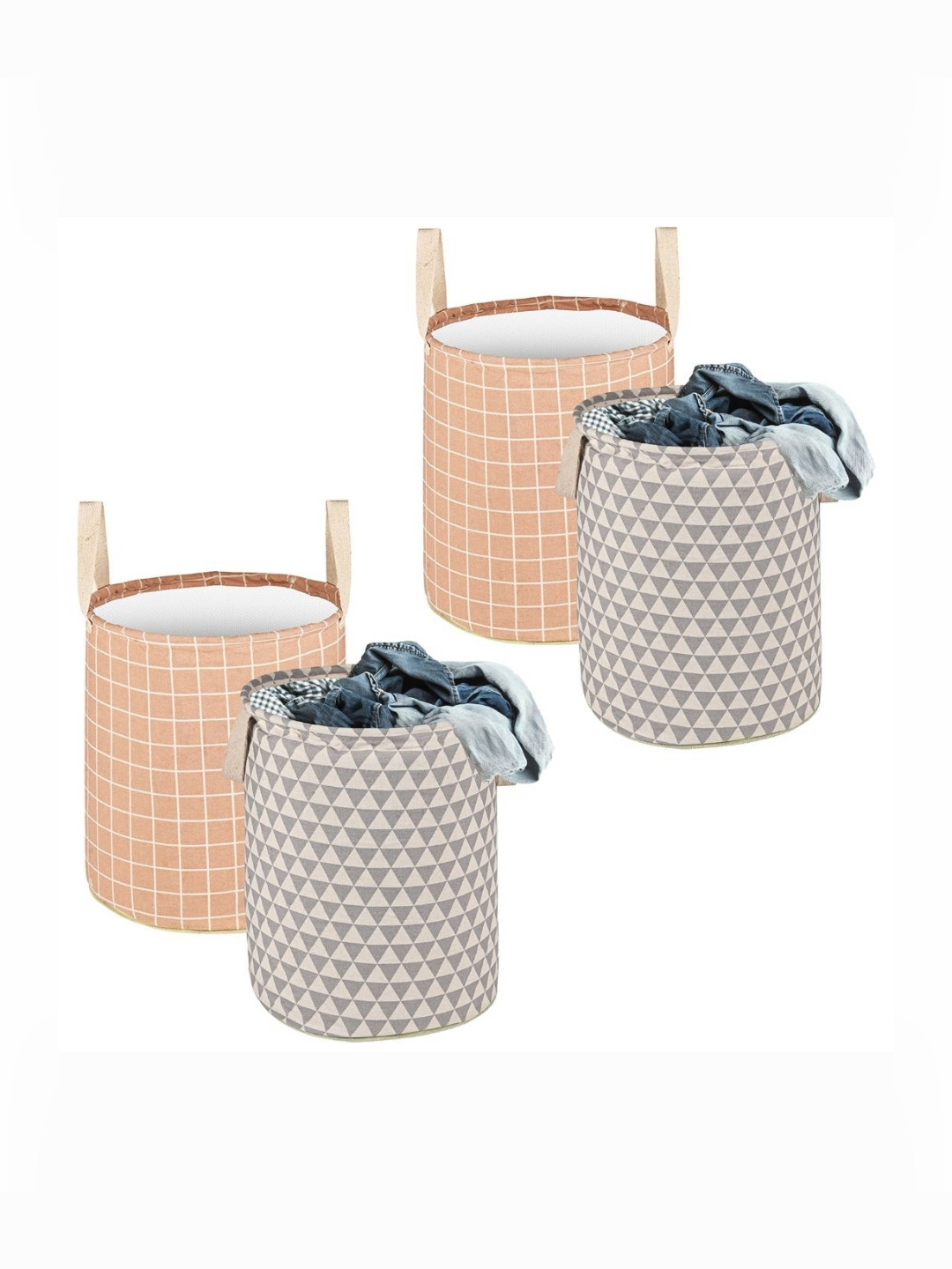 Aura 4-Pcs Grey & Brown Printed Cotton Foldable Laundry Bags With Handle - 60L