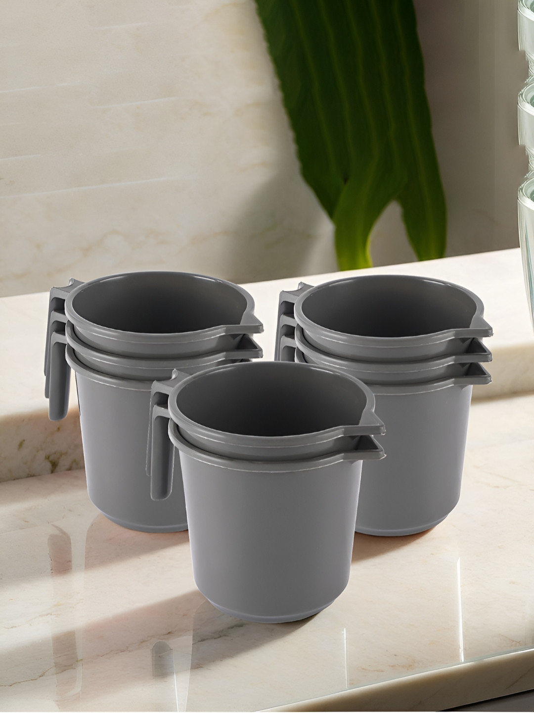 Aura Grey 8 Pcs Multi-Functional 1 Ltr Plastic Mug for Bathroom Durable for Daily Use