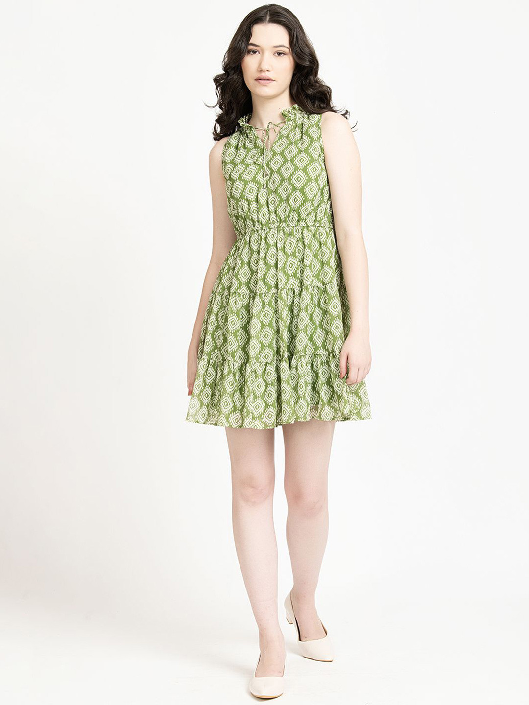 Zenava by Myntra Geometric Printed Tie-Up Neck Chiffon Fit & Flare Mini Dress
