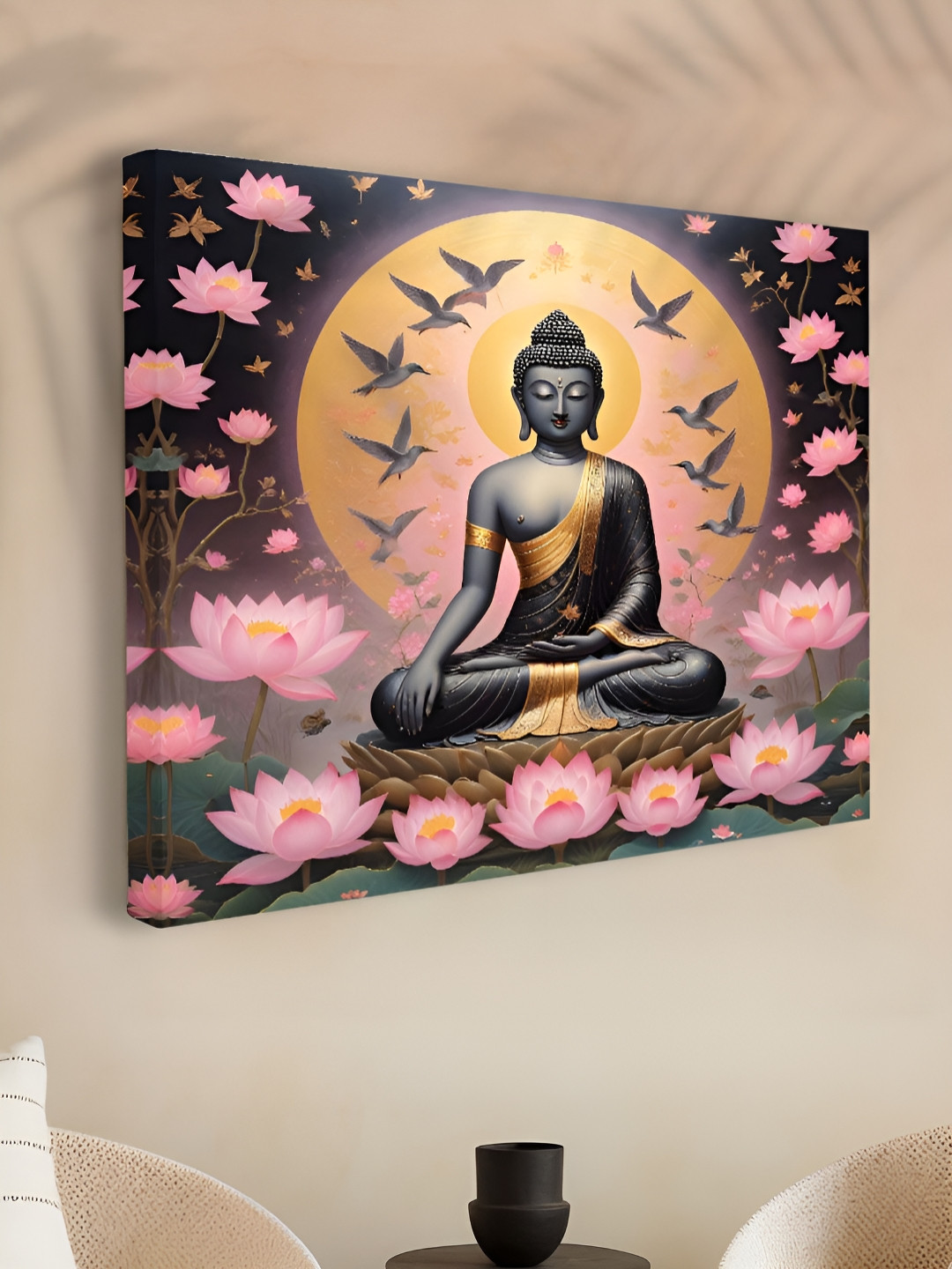 SAF Pink & Beige Lord Buddha Sitting on Lotus Canvas Painting Wall Art