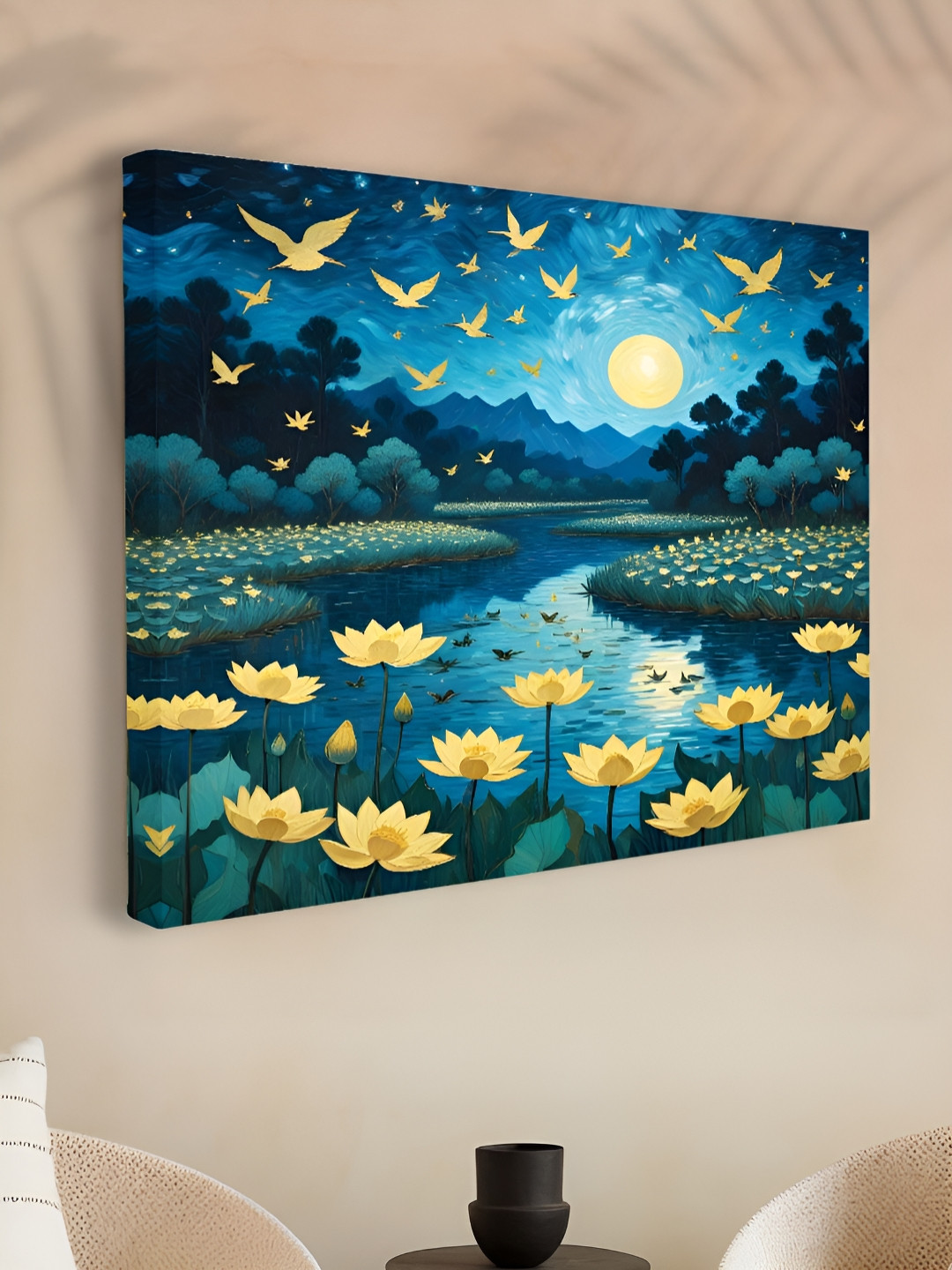 Myntra Elegant Homes Navy Blue & Yellow Moonlit Lotus Lake Printed Canvas Wall Art