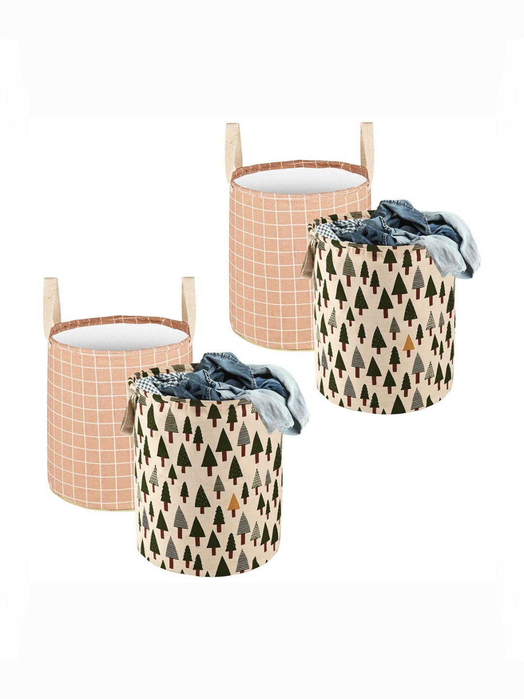 Aura 4Pcs Green & Brown Printed Cotton Foldable Laundry Bag With Handle - 60 L