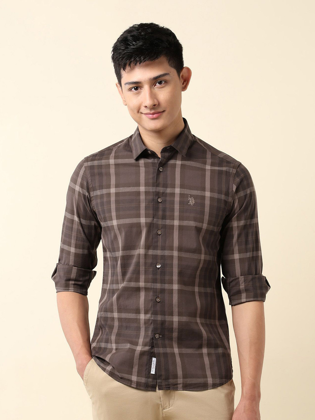 U.S. Polo Assn. Men Plaid Checked Tailored Fit Pure Cotton Shirt