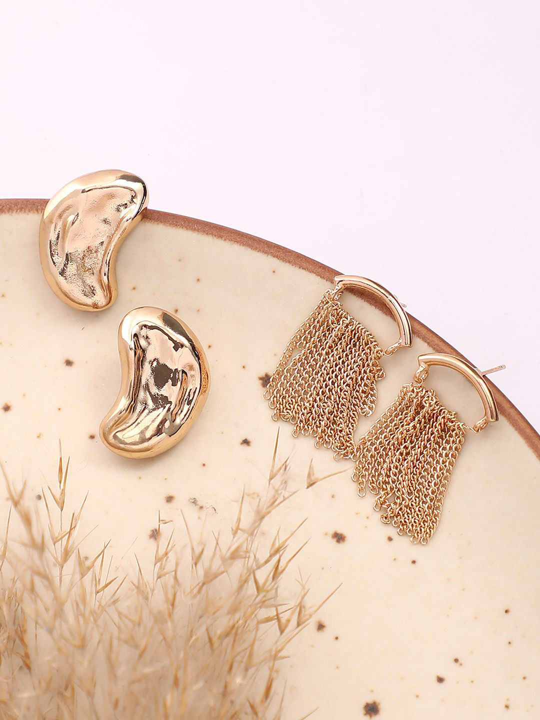 SOHI Set Of 2 Gold-Plated Dented Chain Studs Earrings