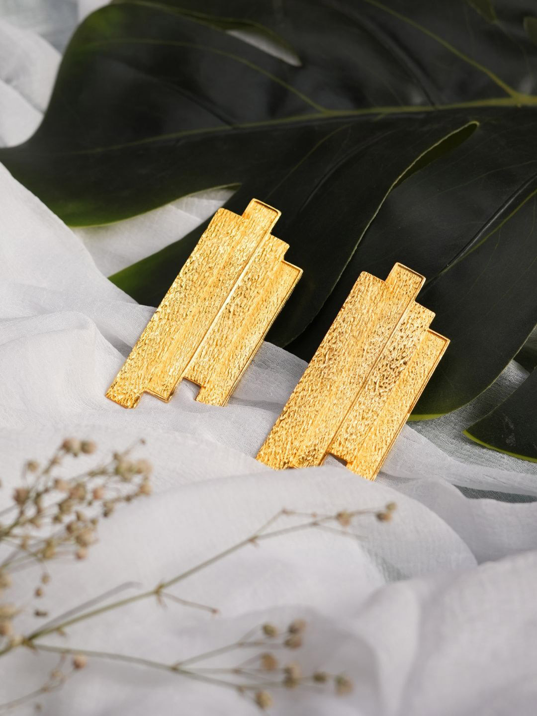 Basraa Gold Plated Contemporary Shaped Tower Textures Drop Earrings