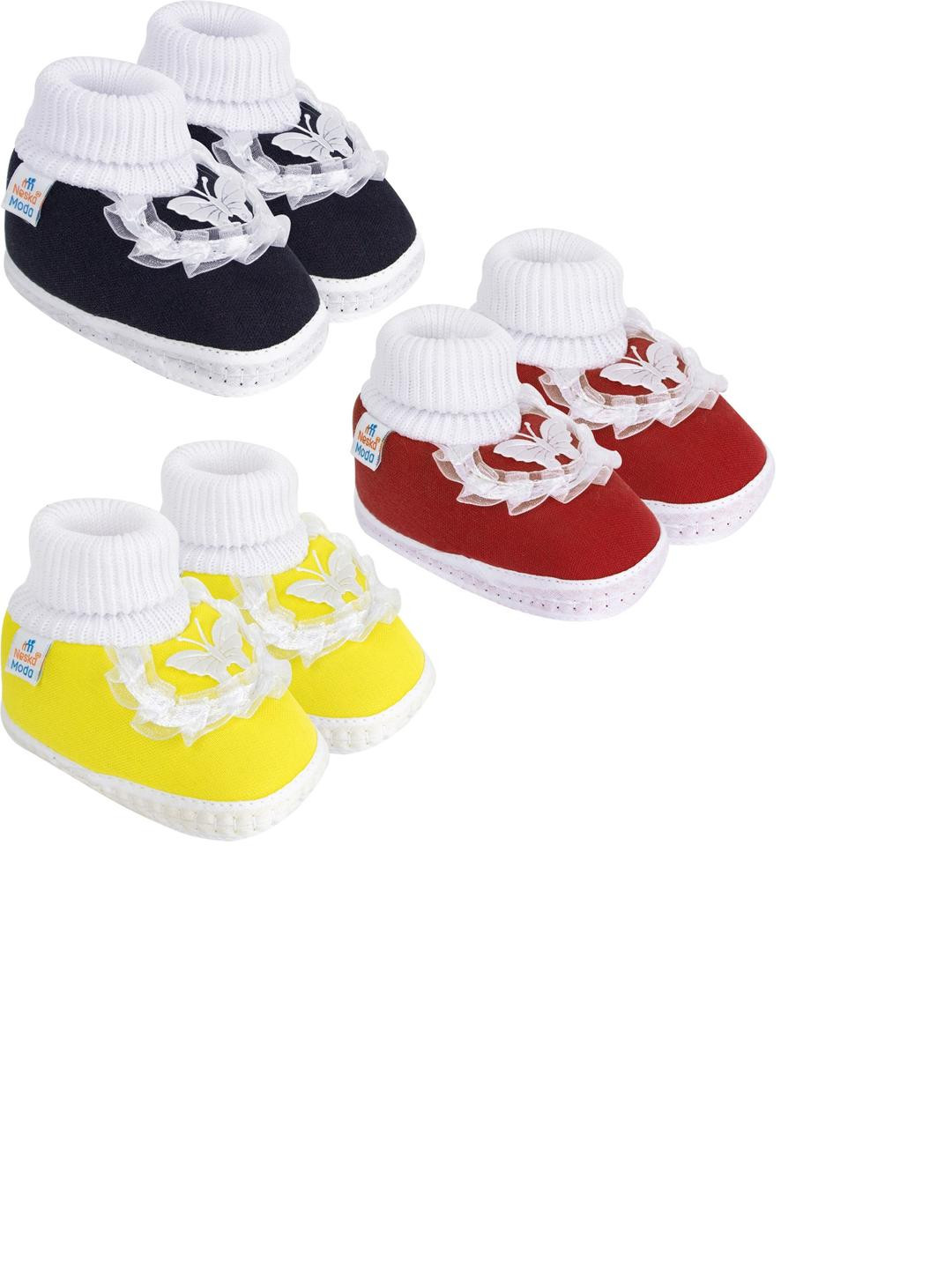 NESKA MODA 0 To 6 Months Baby Girls Pack of 3 Pair Cotton Butterfly Frill Newborn Soft Baby Booties