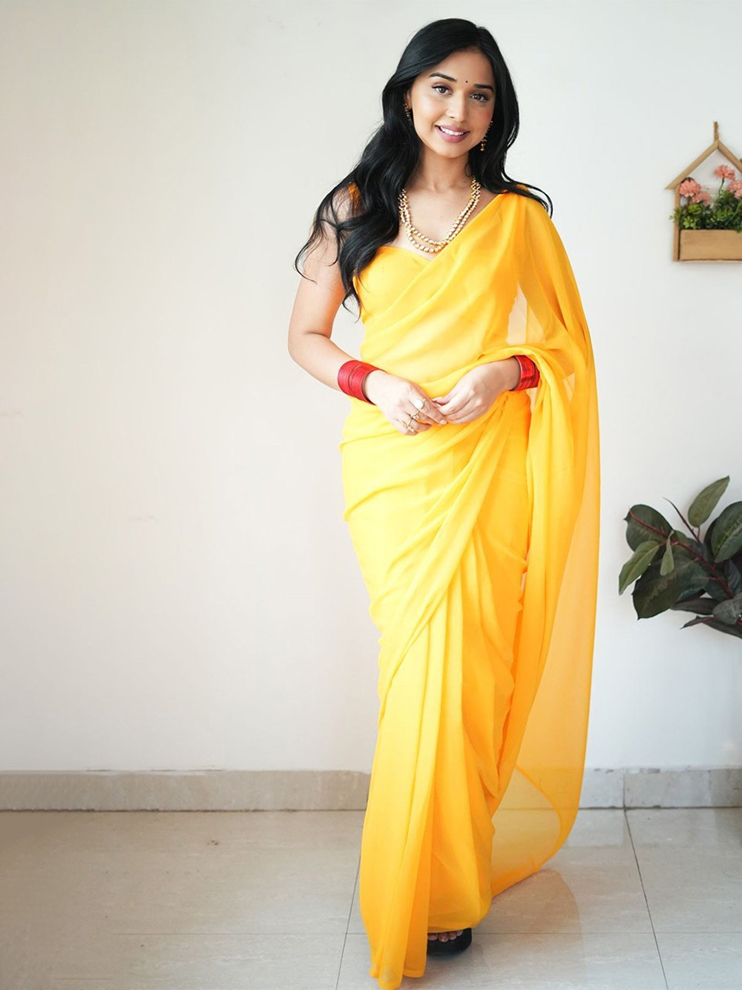 Panzora Solid Yellow Ready to Wear Saree with Blouse Piece
