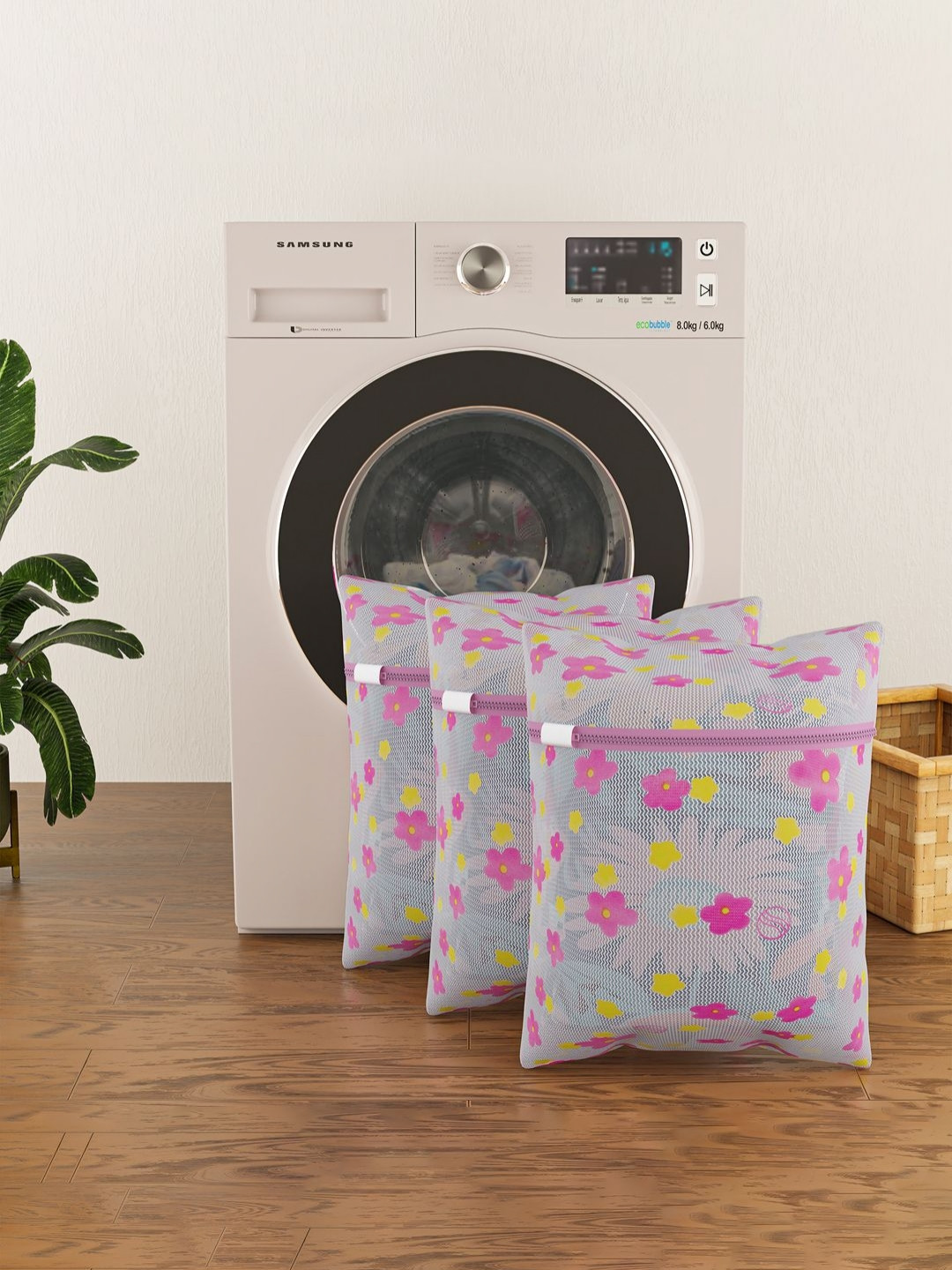 Aura 3Pcs White & Pink Sunflower-Printed Reusable Mesh Laundry Bags With Zipper