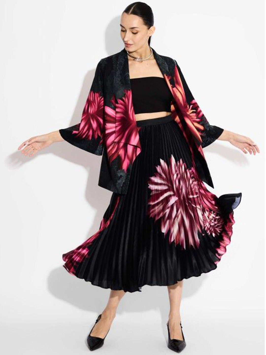 SHASHA GABA Floral Printed Flared Pleated Midi Skirt